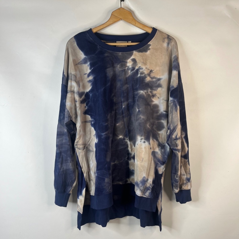Dantelle Sweatshirt Women 1X Blue Tan Tie Dye High Low Side Slit Cotton Terry